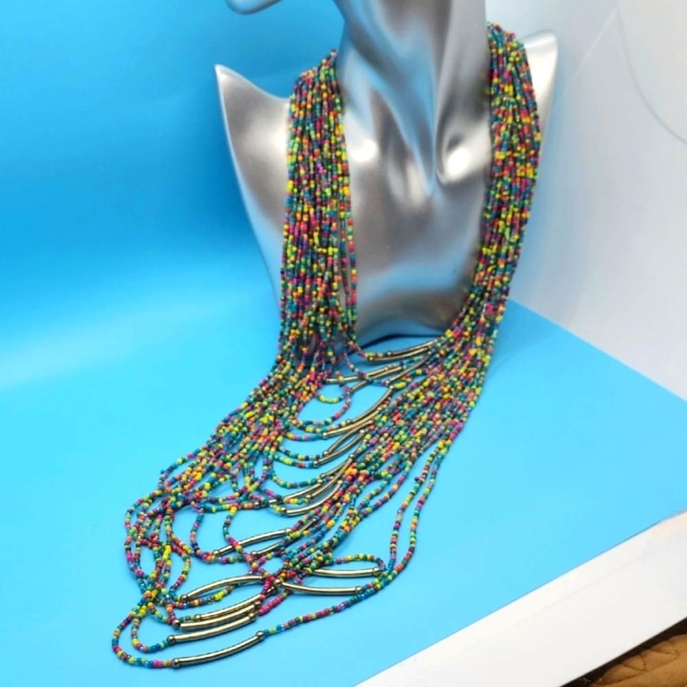 Artisan Multi-strand Multi-Color Sead Bead Long Boho Island Gold Necklace